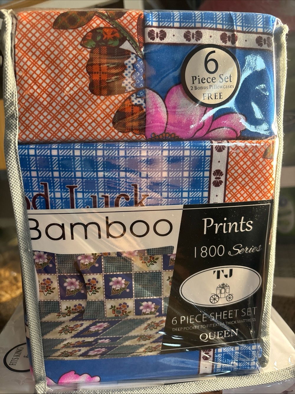 BAMBOO Blue & Orange Floral and Plaid 6-Piece Sheet Set